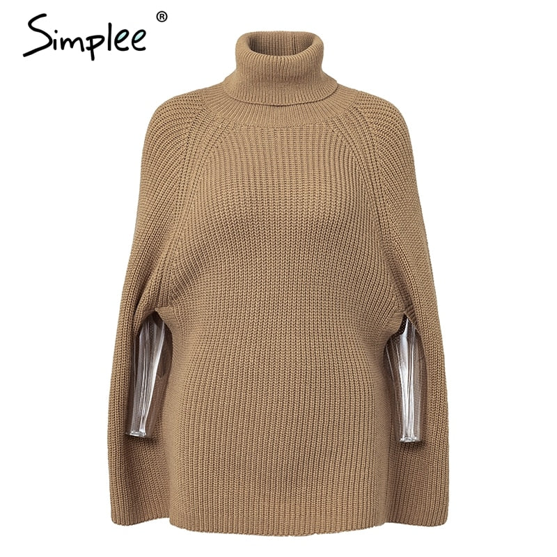 Knitted turtleneck cloak sweater Women Camel casual pullover Autumn winter street-wear