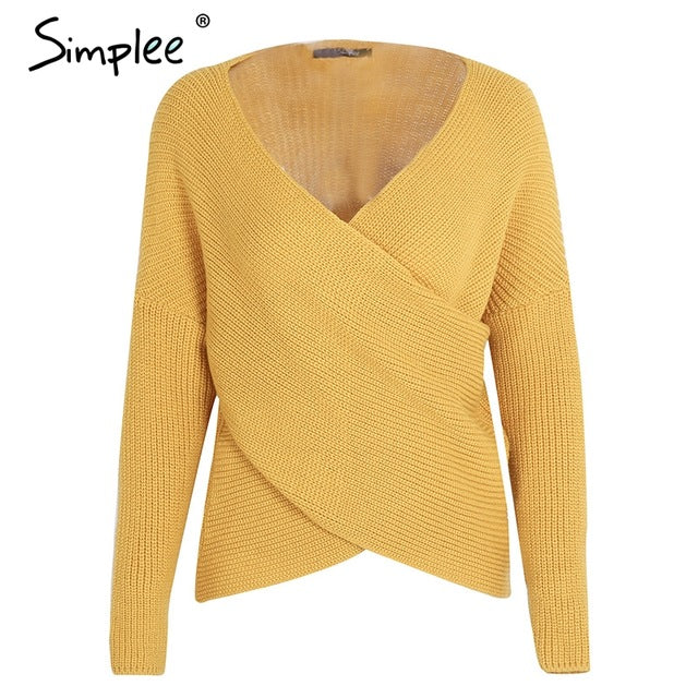 Simplee V neck cross knitting winter sweater women Fashion down sleeve pullover