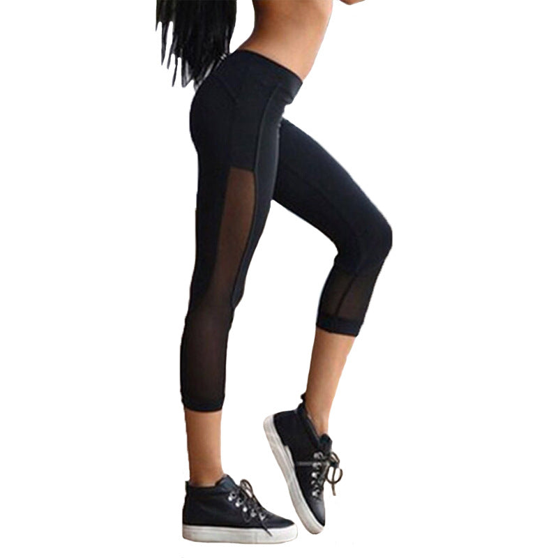 Black Sexy Mesh Leggings Elastic Patchwork Women Capri Pants Fitness leggings Mid-Calf Leggins