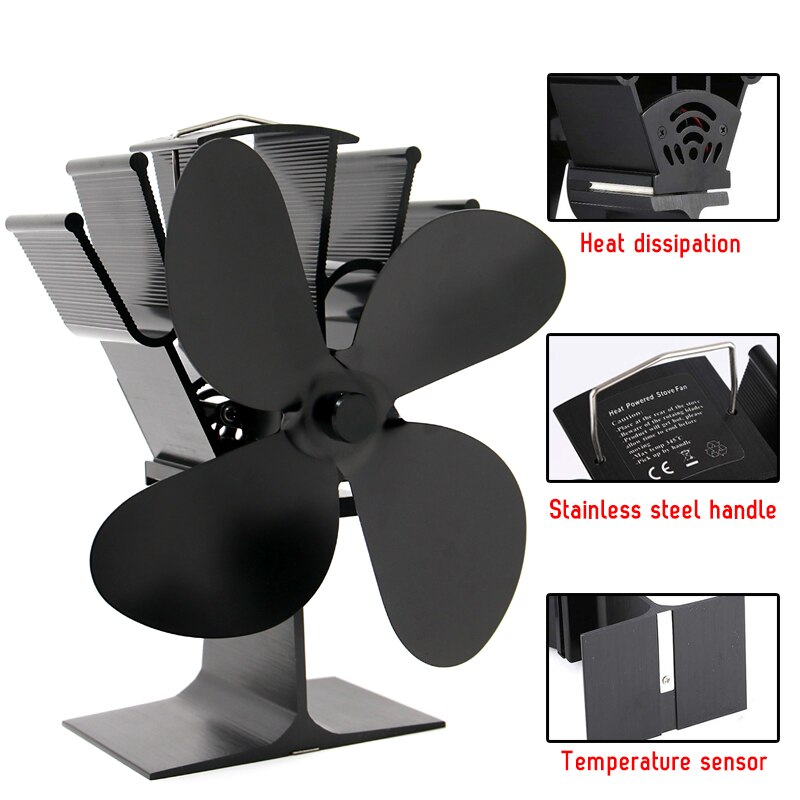 Black Stove Fan 4 Blade Fireplace Fan Heat Powered komin Wood Burner Eco Fan Friendly Quiet  Home Efficient Heat Distribution