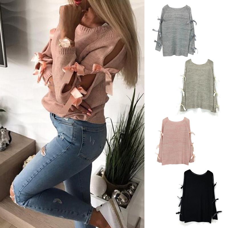 New Women Bow Hollow Out Long sleeve Warm Sweater Pullover Knitting Bow Loose O-Neck Tops Blouse Knitwear
