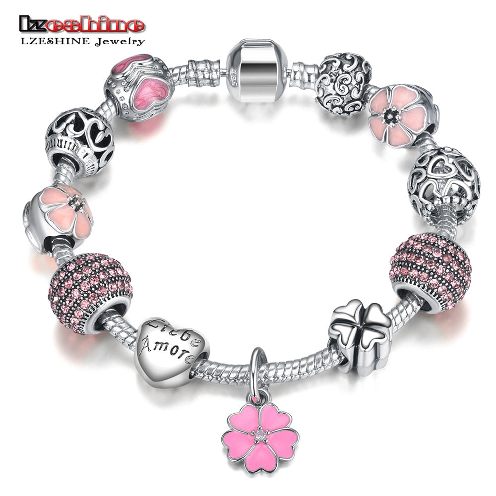 LZESHINE Antique Silver Charm Bracelet & Bangle With Love Flower Crystal Ball Beads Bracelets For Women Wedding Jewelry PDBR0004