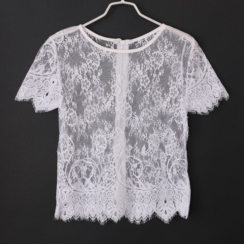 New Women Sexy Lace Top  Short Sleeve O Neck Hollow Out With Zipper