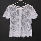 New Women Sexy Lace Top  Short Sleeve O Neck Hollow Out With Zipper