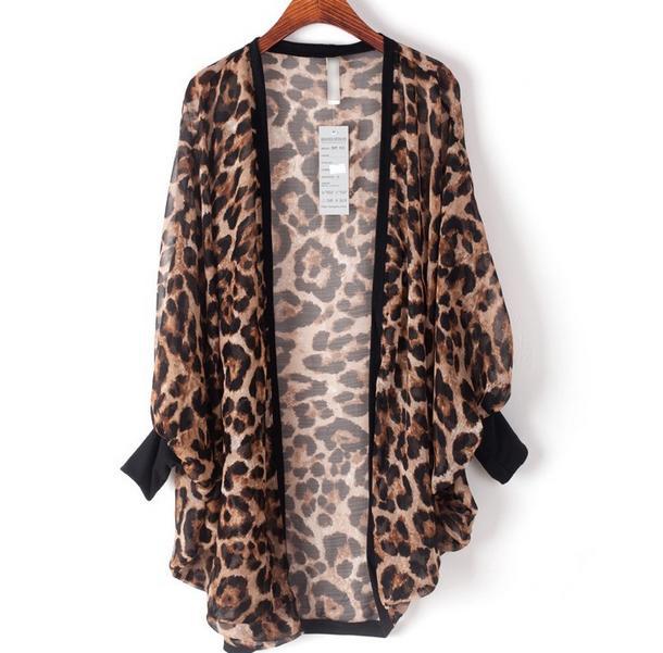 Spring Autumn European style Women's Long loose bat Long sleeve Thin cardigan leopard chiffon jacket M/L