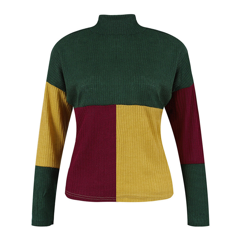 Color-block Stand Long Sleeve Knitted Sweater Jumper Pullover Top