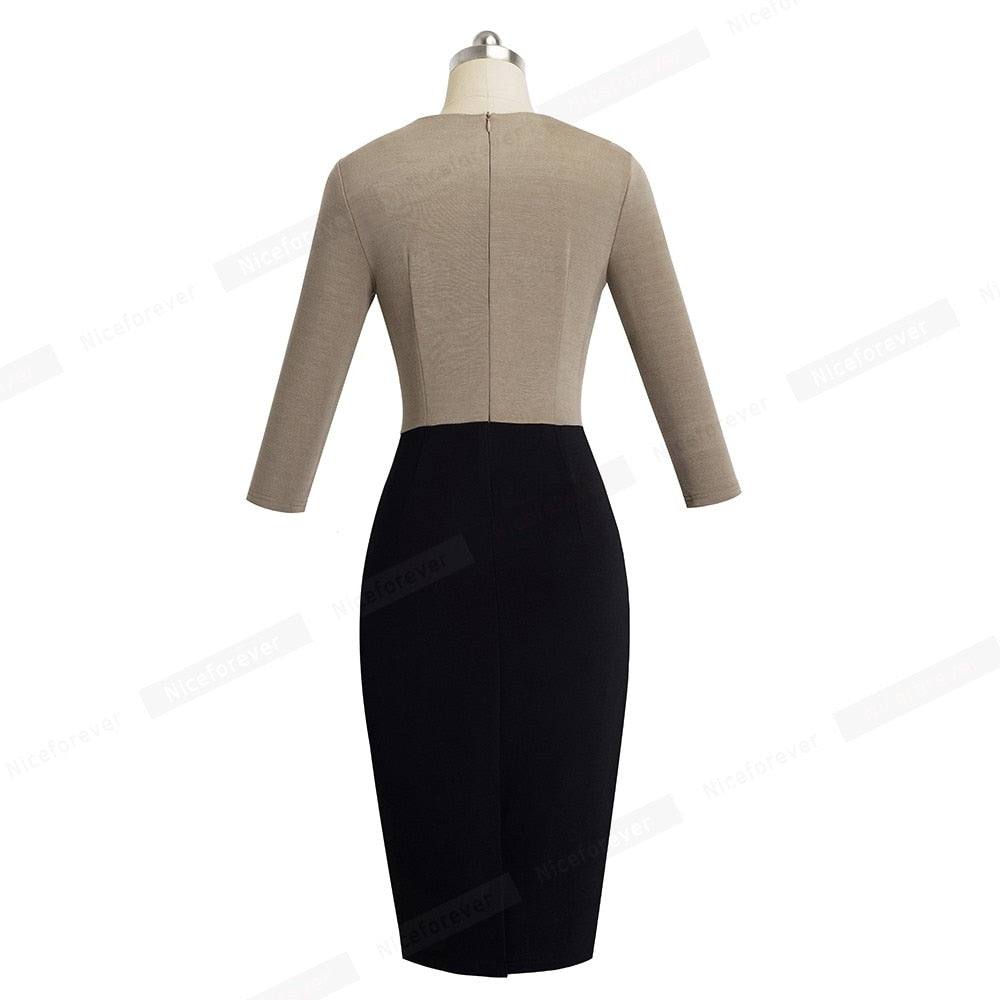 Nice-forever Vintage Elegant Contrast Color Patchwork Wear to Work vestidos Business Party Office Women Bodycon Dress B463