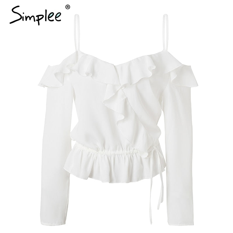 Simplee Sexy stap ruffle blouses shirts women V neck cold shoulder summer blusas feminina Vintage long sleeve white blouse top