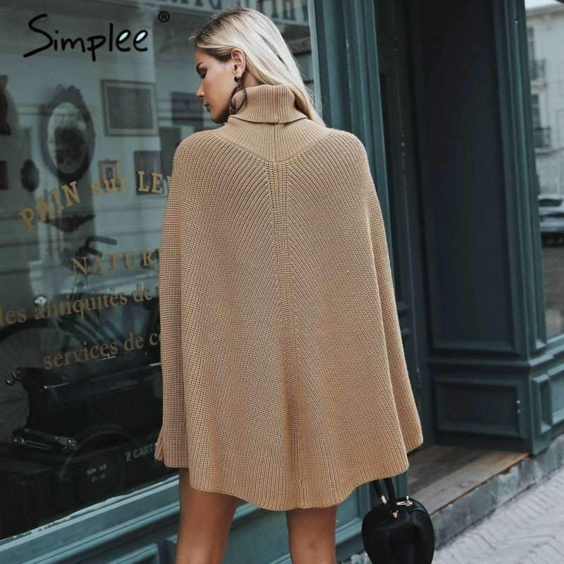 Simplee Knitted turtleneck cloak sweater Women Camel casual pullover Autumn winter streetwear women sweaters and pullovers 2018