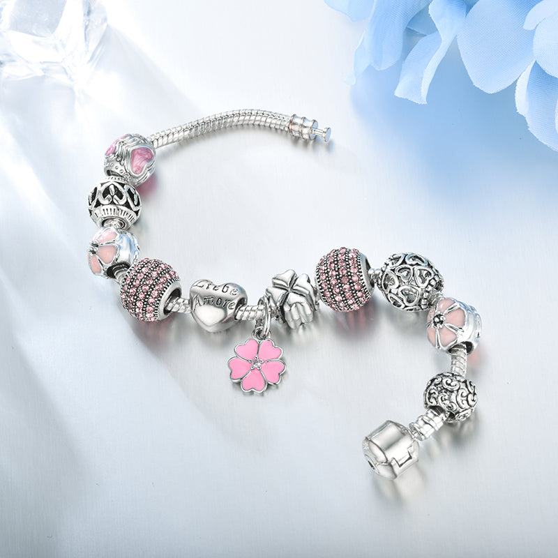 LZESHINE Antique Silver Charm Bracelet & Bangle With Love Flower Crystal Ball Beads Bracelets For Women Wedding Jewelry PDBR0004