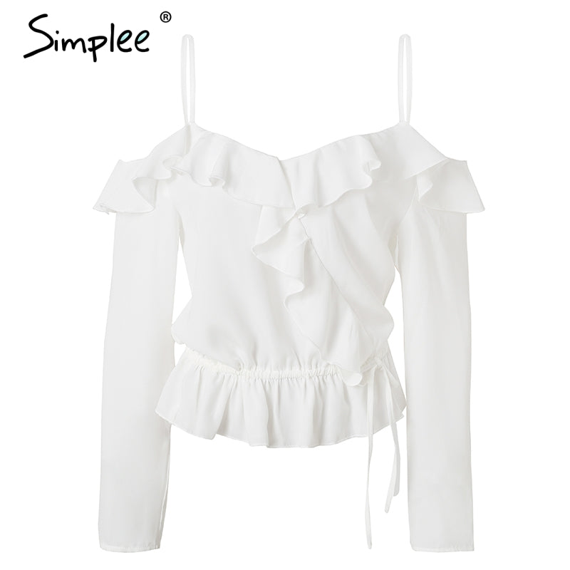 Sexy strap ruffle blouse shirt Vintage long sleeve white blouse top