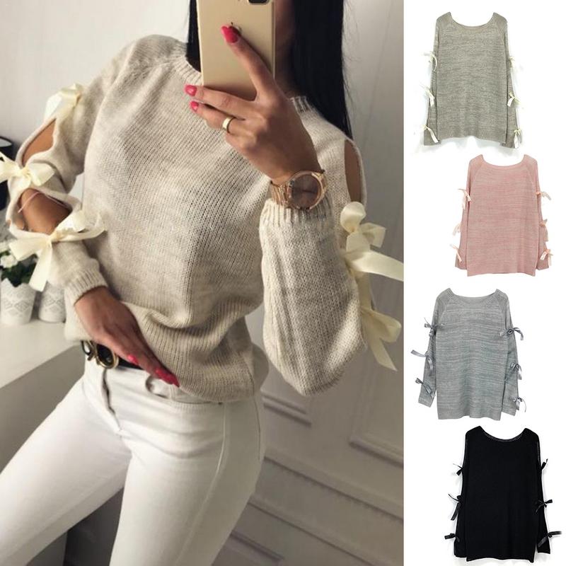 New Women Bow Hollow Out Long sleeve Warm Sweater Pullover Knitting Bow Loose O-Neck Tops Blouse Knitwear