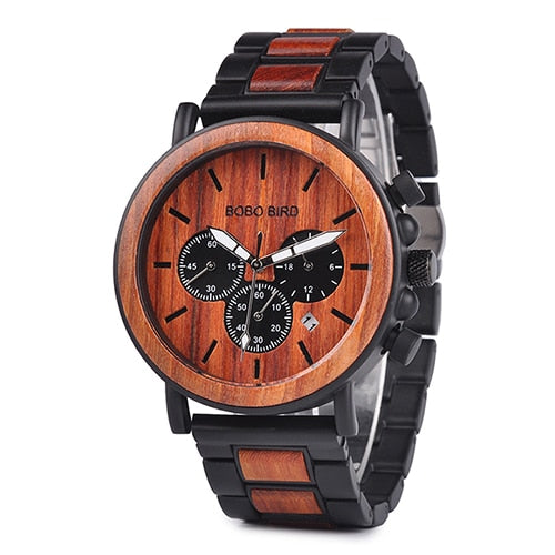 BOBO BIRD Wooden Watch Mens  Luxury Stylish Wood Timepiece Chronograph Military Quartz Watch in Wood Gift Box