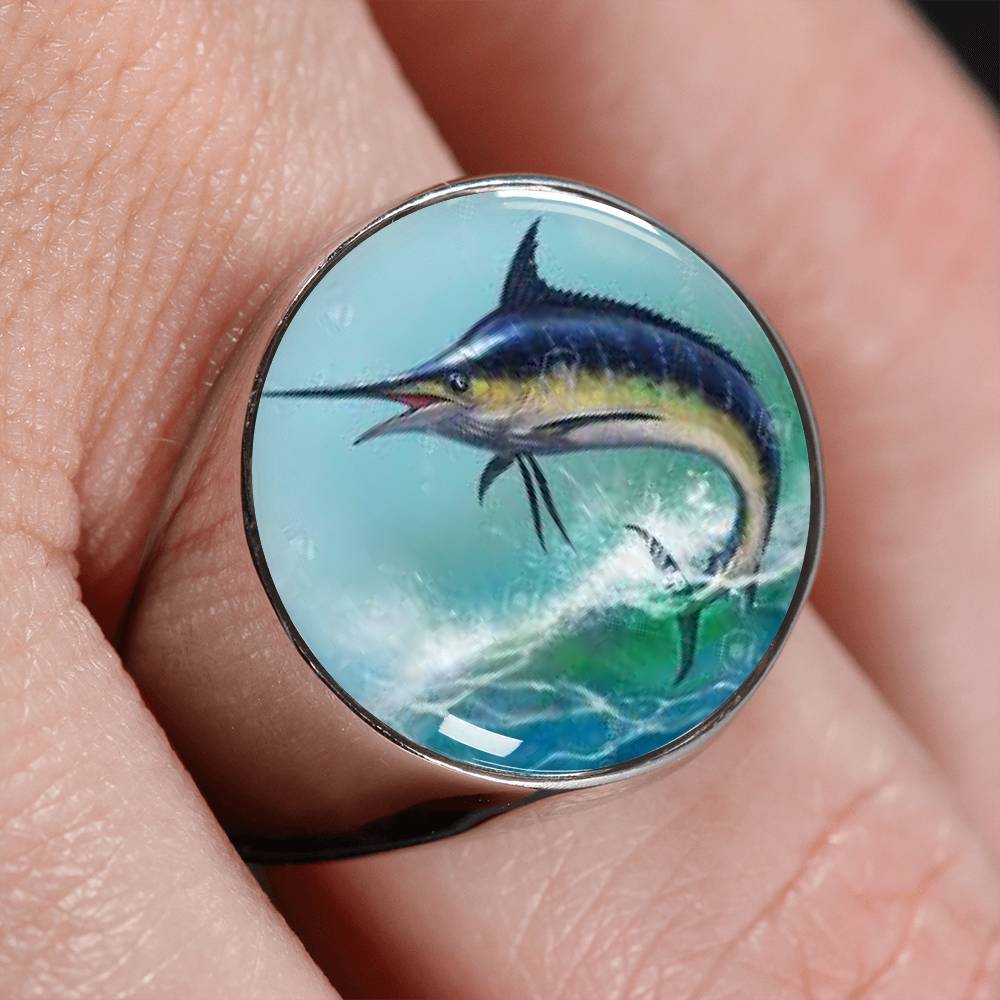 Beautiful Marlin inspired ring in gold finish or stainless Steel