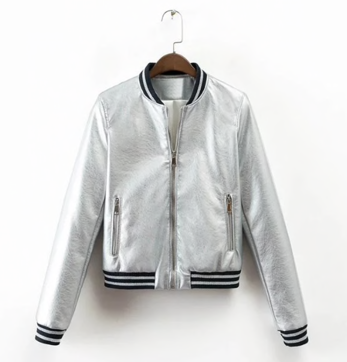 Silver Faux-Leather Bomber Jacket