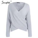 Simplee V neck cross knitting winter sweater women Fashion down sleeve pullover