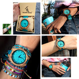 BOBO BIRD Lovers' Watches Women Wooden Men Watch Turquoise Blue Timepieces in Gift Box
